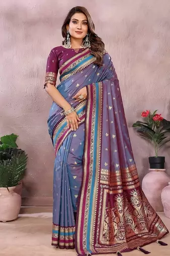 Slate Grey Color Zari Weaving Handloom Kalamkari Silk Saree