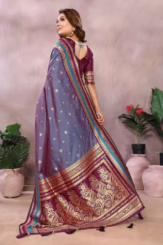 Slate Grey Color Zari Weaving Handloom Kalamkari Silk Saree