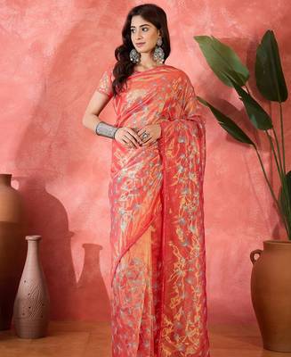 Red net sequins work saree with unstitched blouse piece 1