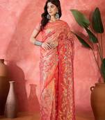 Red net sequins work saree with unstitched blouse piece