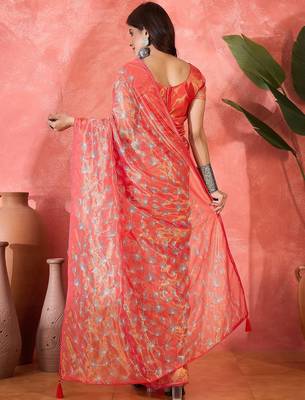 Red net sequins work saree with unstitched blouse piece 3