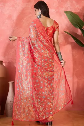 Red net sequins work saree with unstitched blouse piece