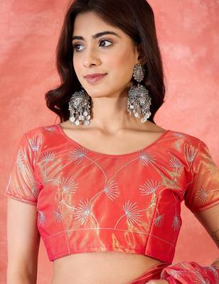 Red net sequins work saree with unstitched blouse piece 4