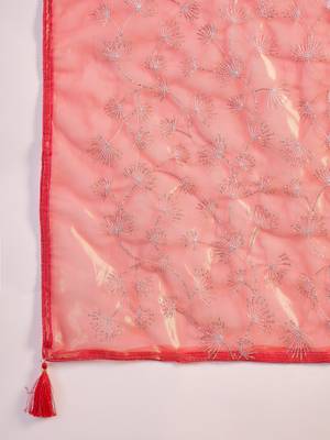 Red net sequins work saree with unstitched blouse piece 5
