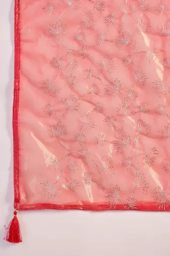 Red net sequins work saree with unstitched blouse piece