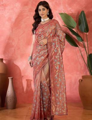 Rust net sequins work saree with unstitched blouse piece 1