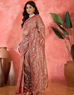 Rust net sequins work saree with unstitched blouse piece 2