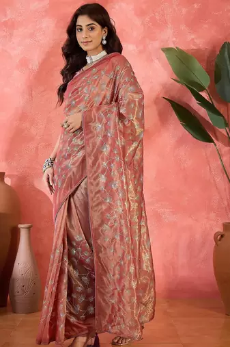 Rust net sequins work saree with unstitched blouse piece