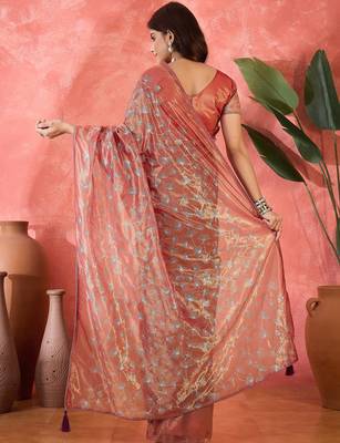 Rust net sequins work saree with unstitched blouse piece 3