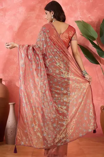 Rust net sequins work saree with unstitched blouse piece