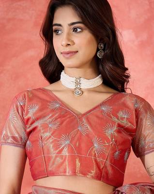 Rust net sequins work saree with unstitched blouse piece 4