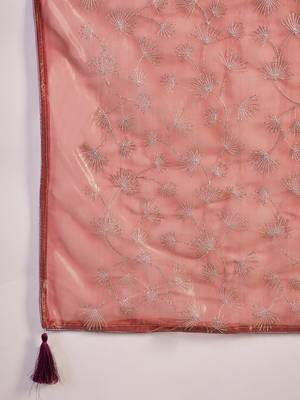 Rust net sequins work saree with unstitched blouse piece 5