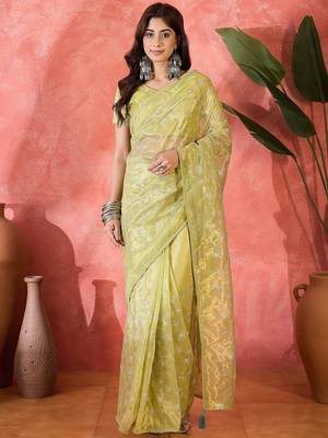 Yellow net sequins work saree with unstitched blouse piece 1