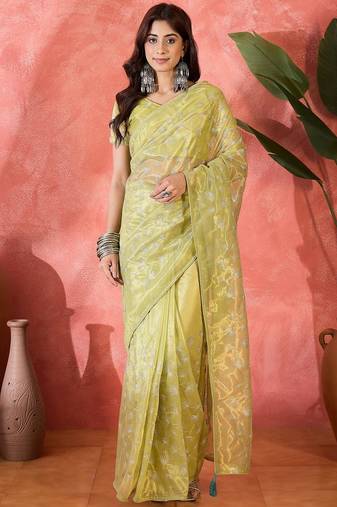Yellow net sequins work saree with unstitched blouse piece