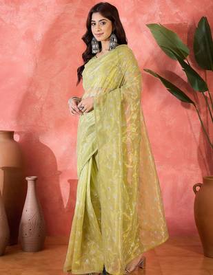 Yellow net sequins work saree with unstitched blouse piece 2
