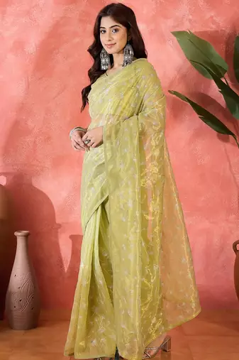 Yellow net sequins work saree with unstitched blouse piece