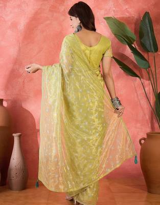 Yellow net sequins work saree with unstitched blouse piece 3