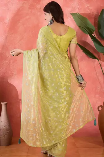 Yellow net sequins work saree with unstitched blouse piece