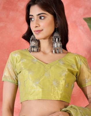 Yellow net sequins work saree with unstitched blouse piece 4
