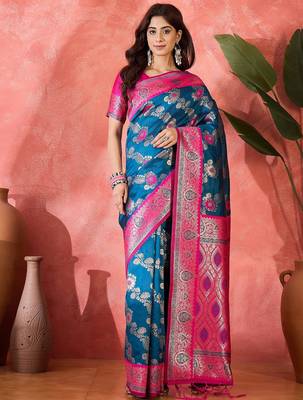 Blue silk blend sequins work saree with unstitched blouse piece 1