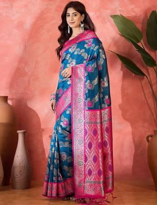Blue silk blend sequins work saree with unstitched blouse piece 2