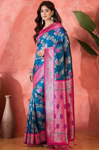 Blue silk blend sequins work saree with unstitched blouse piece
