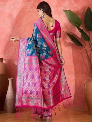 Blue silk blend sequins work saree with unstitched blouse piece 3