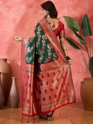 Dark green silk blend sequins work saree with unstitched blouse piece 3