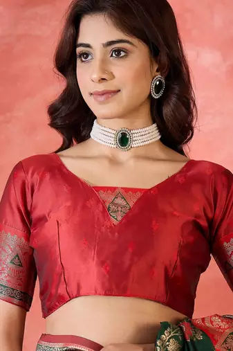 Dark green silk blend sequins work saree with unstitched blouse piece
