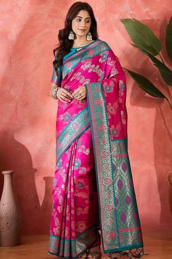 Magenta silk blend sequins work saree with unstitched blouse piece