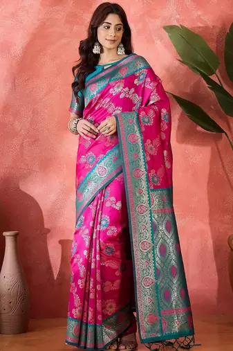 Magenta silk blend sequins work saree with unstitched blouse piece