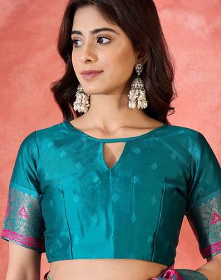 Magenta silk blend sequins work saree with unstitched blouse piece 4