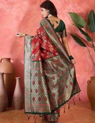 Maroon silk blend sequins work saree with unstitched blouse piece 3
