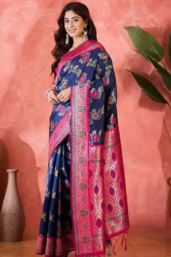 Navy blue silk blend sequins work saree with unstitched blouse piece