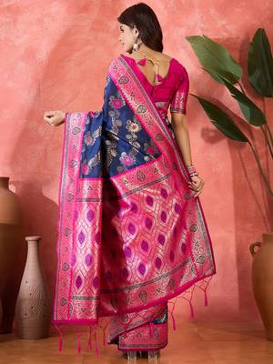 Navy blue silk blend sequins work saree with unstitched blouse piece 3