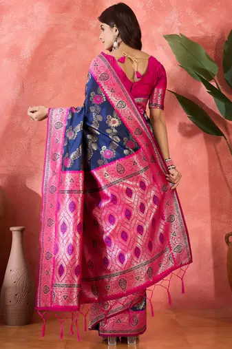 Navy blue silk blend sequins work saree with unstitched blouse piece