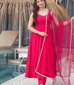 hot pink gota lace work pure nsilk chanderi ready-to-wear anarkali suit with churidar bottom