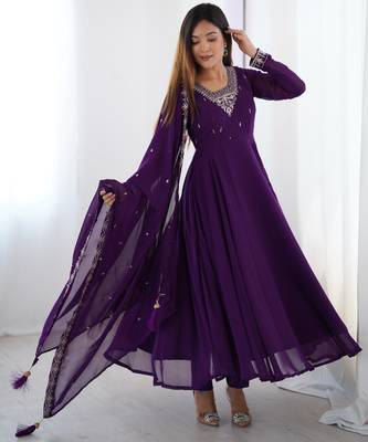 purple georgette embroidered anarkali suit with dupatta & churidar for women 1