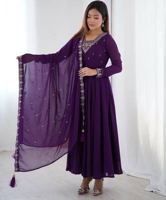 purple georgette embroidered anarkali suit with dupatta & churidar for women 3