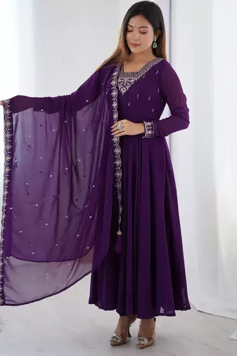 purple georgette embroidered anarkali suit with dupatta & churidar for women