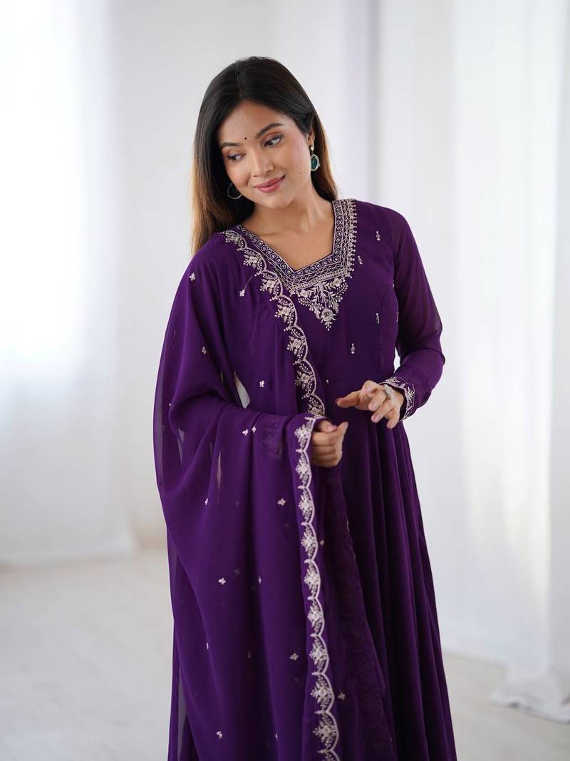 purple georgette embroidered anarkali suit with dupatta & churidar for women