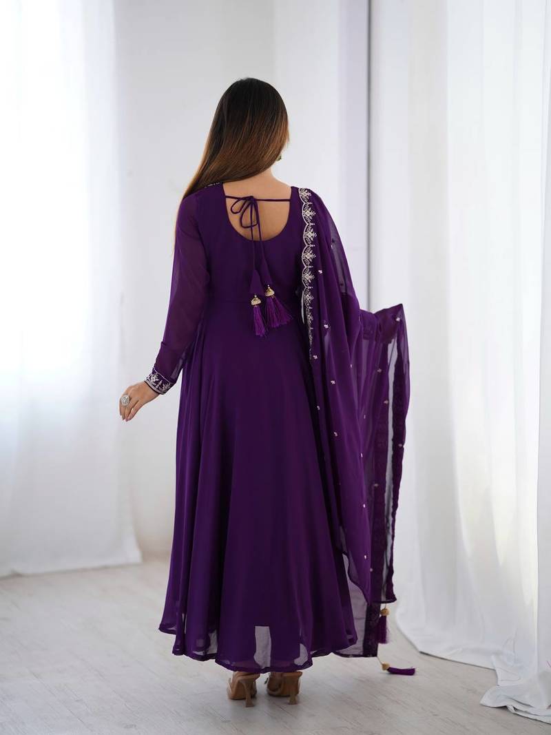 purple georgette embroidered anarkali suit with dupatta & churidar for women