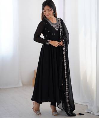 black georgette embroidered anarkali suit with dupatta & churidar for women 3