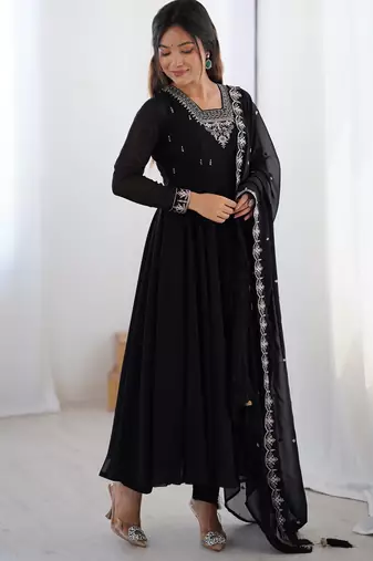 black georgette embroidered anarkali suit with dupatta & churidar for women