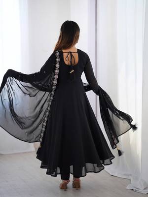 black georgette embroidered anarkali suit with dupatta & churidar for women 5