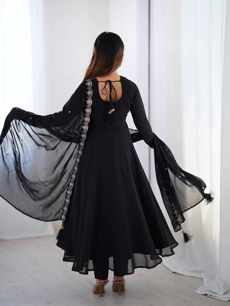 black georgette embroidered anarkali suit with dupatta & churidar for women