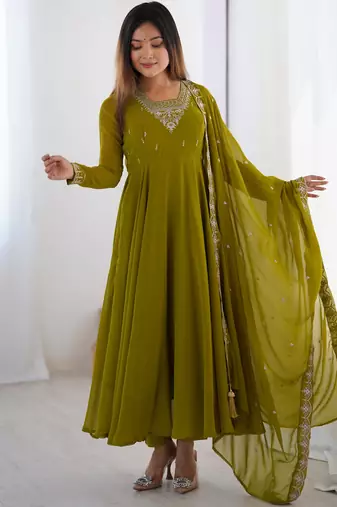 olive green georgette embroidered anarkali gown with dupatta- festive & party wear