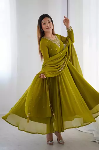 olive green georgette embroidered anarkali gown with dupatta- festive & party wear