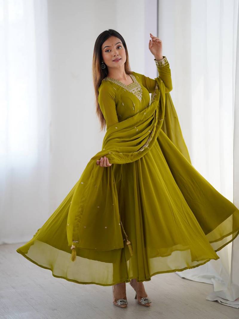 olive green georgette embroidered anarkali gown with dupatta- festive & party wear