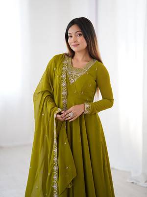 olive green georgette embroidered anarkali gown with dupatta- festive & party wear 5